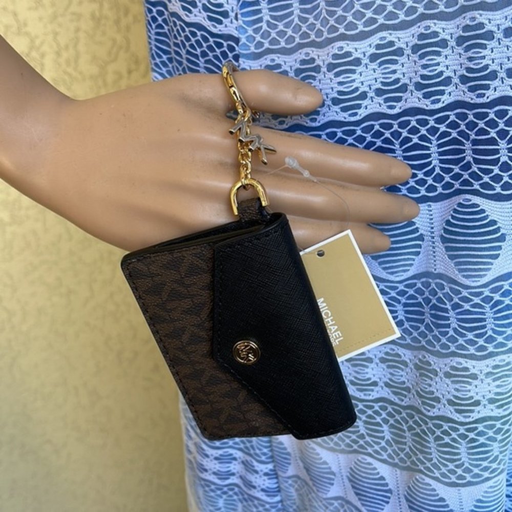 Michael Kors Kala Small Flap Key Ring Card Case Wallet MK Brown Black - Picture 1 of 10